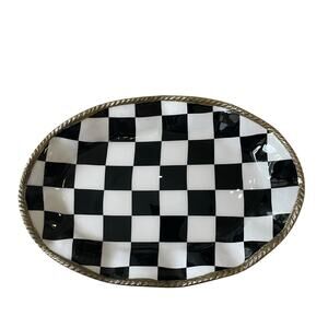 Black & White Checkered Enameled Oval Dish 11in Gold Edge Made in India NEW